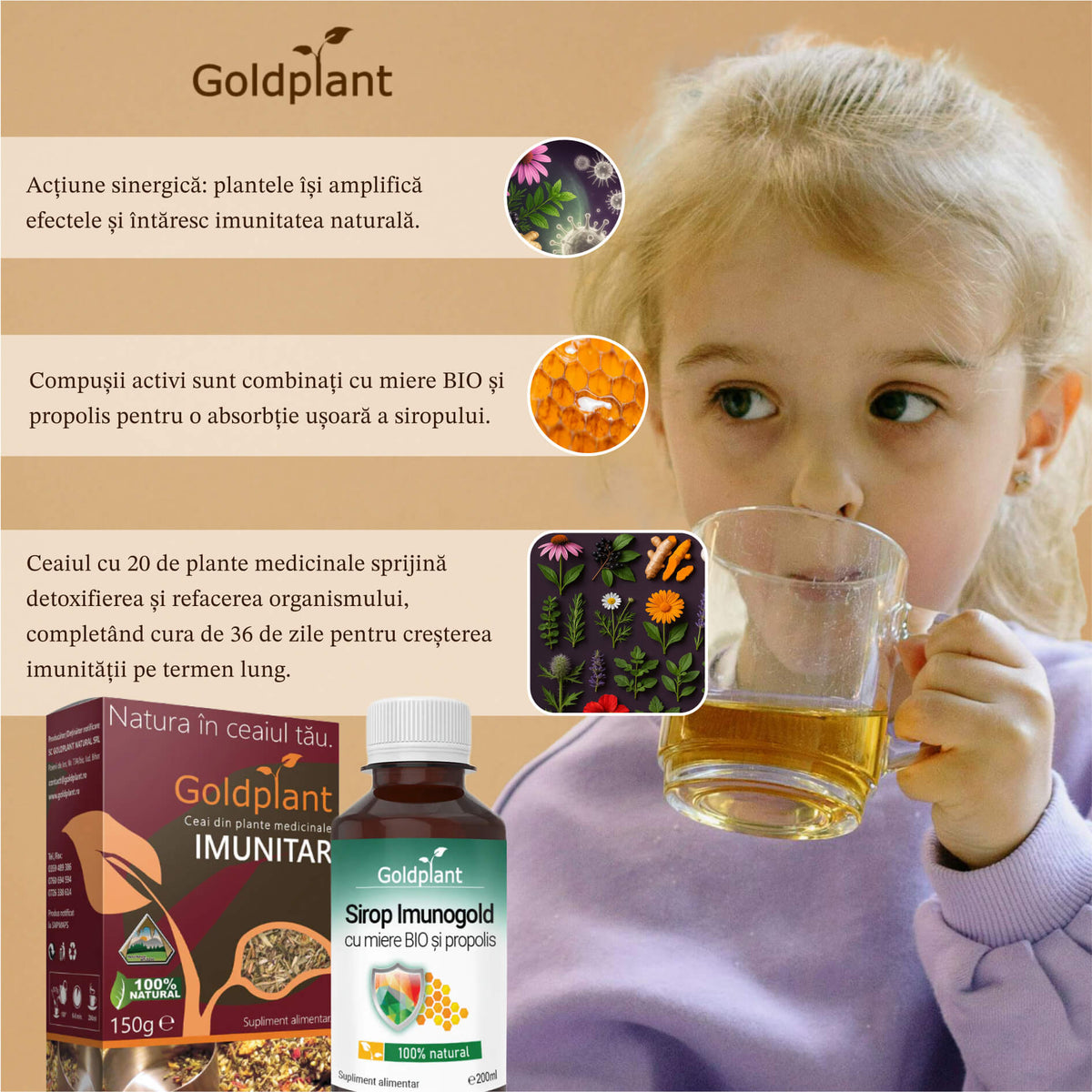 Cura Imunogold pentru Copii + 1 Ceai GRATIS – 36 de zile de imunitate naturală (3 Siropuri Imunogold)
