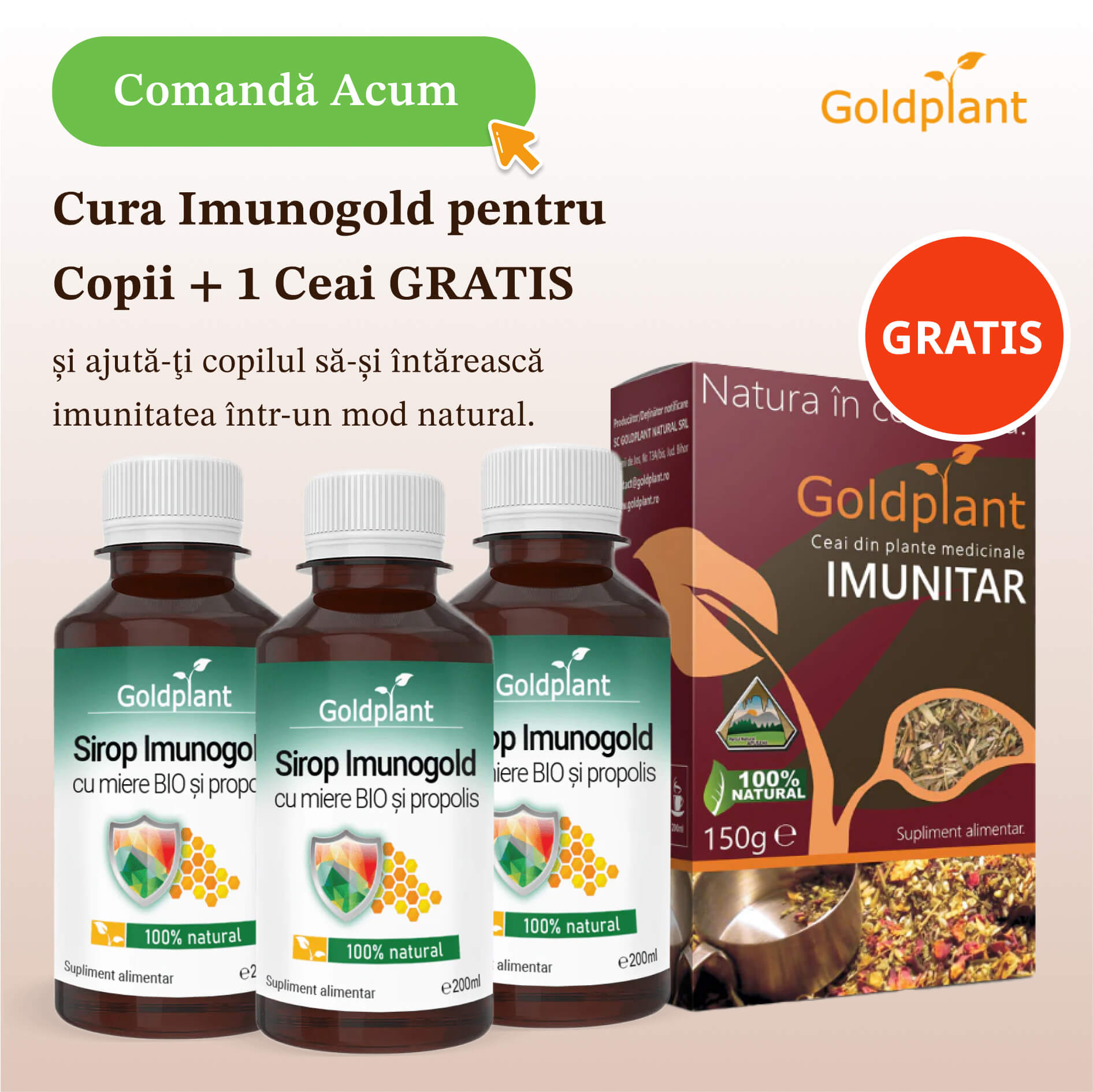 Cura Imunogold pentru Copii + 1 Ceai GRATIS – 36 de zile de imunitate naturală (3 Siropuri Imunogold)